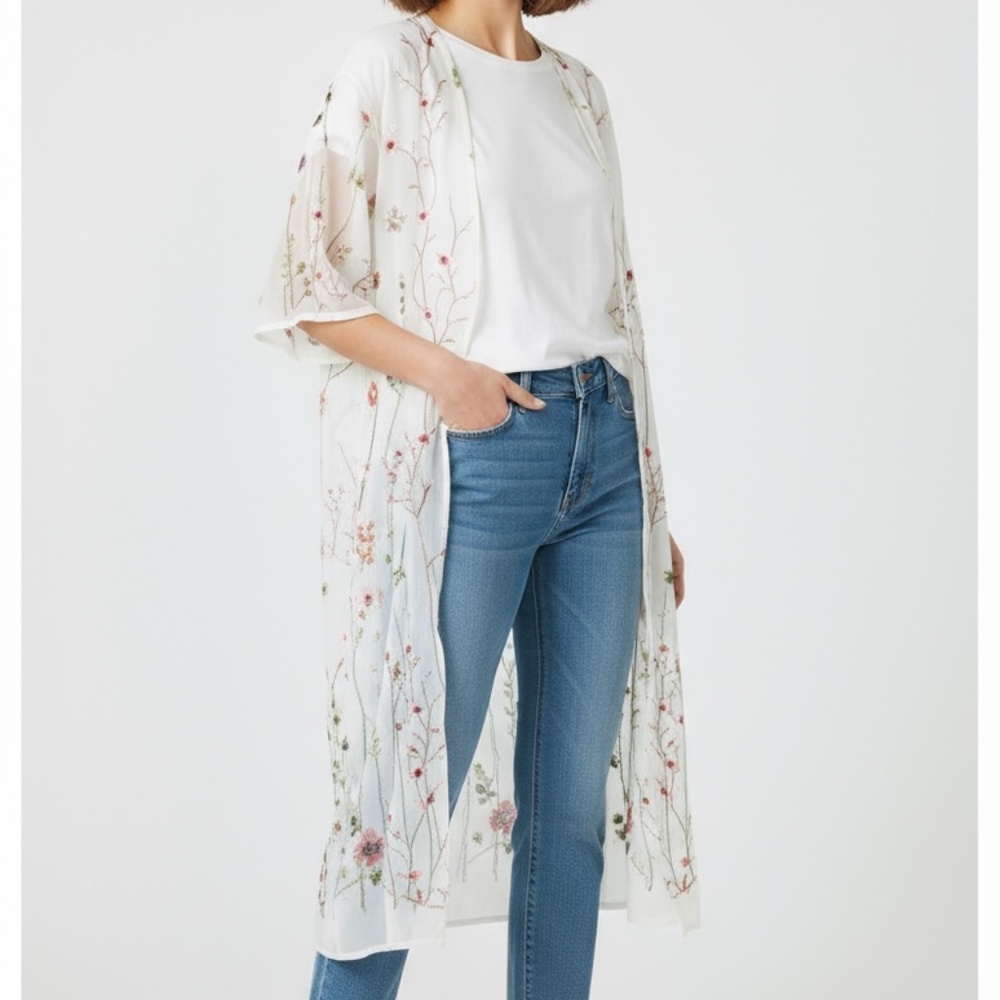 WOVEN HEART · SHEER IVORY EMBROIDERED FLORAL KIMONO - O/S